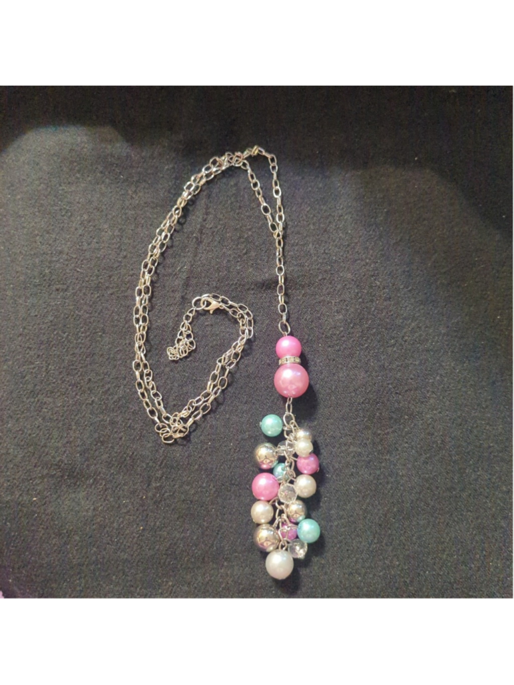 Silver Tone Pastel Purple Blue White Beaded Cluster Pendant Statement Necklace